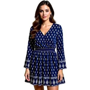 Xhilaration Blue Floral Smocked Waist V-Neck Long Sleeve Mini Dress Large NWT